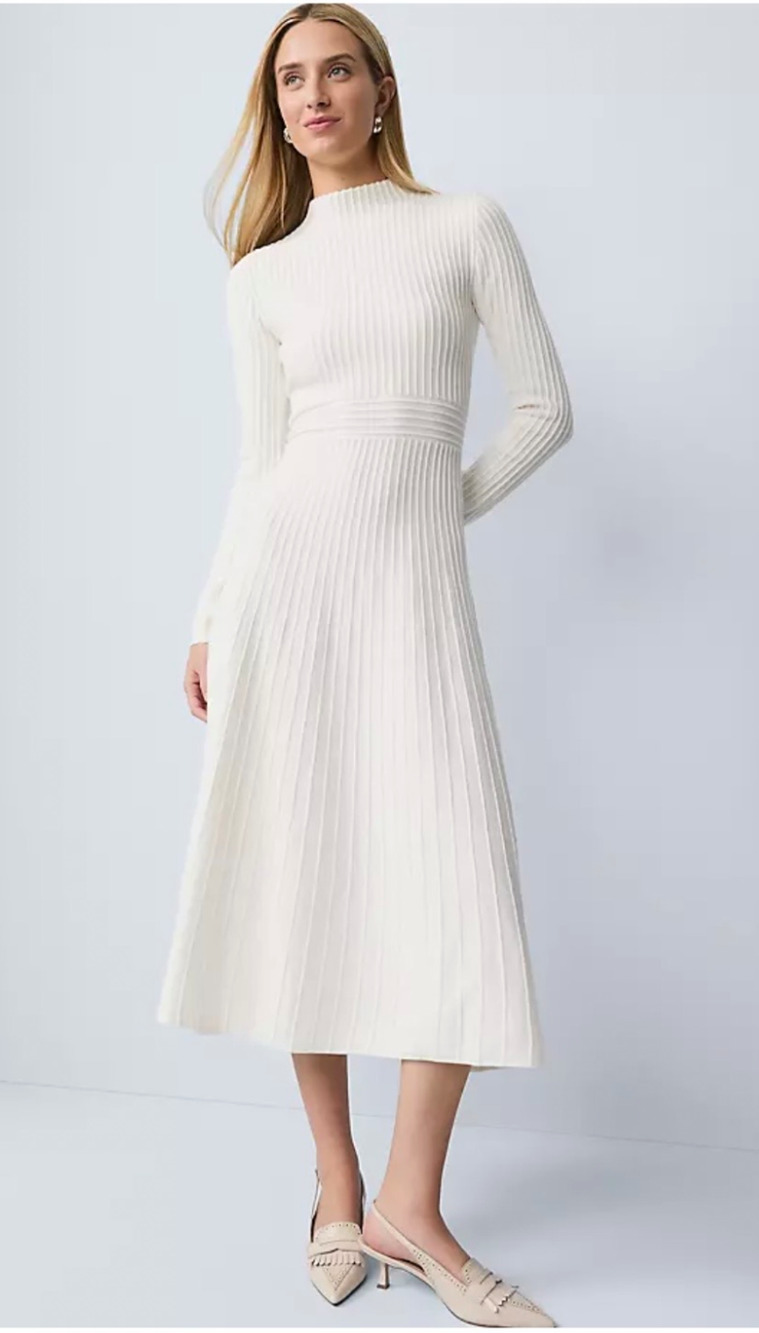 NWT ANN TAYLOR WINTER WHITE RIBBED MOCK NECK SWEATER MIDI DRESS SZ M